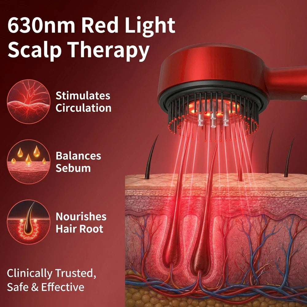 ScalpPulse™ | Masajeador Eléctrico para Cuero Cabelludo con Luz Roja - Peine Masajeador para Cuero Cabelludo con Luz Roja, Masajedor Eléctrico 3 Modos, Aplicador de Suero 6ml Recargable