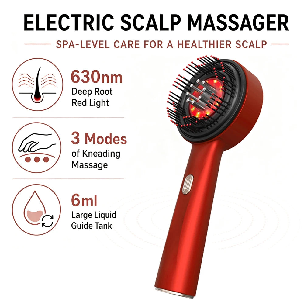 ScalpPulse™ | Masajeador Eléctrico para Cuero Cabelludo con Luz Roja - Peine Masajeador para Cuero Cabelludo con Luz Roja, Masajedor Eléctrico 3 Modos, Aplicador de Suero 6ml Recargable