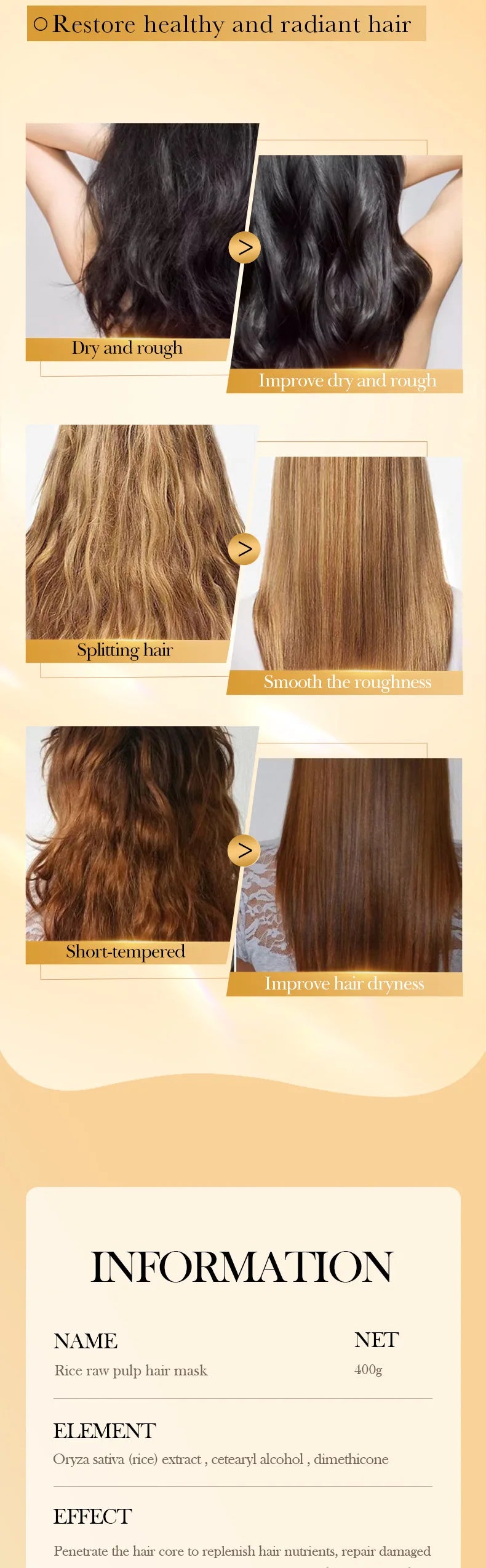 RiceGlow™ | Mascarilla Capilar Reparadora de Arroz - Mascarilla mágica para el cabello con queratina, 10/30/50/100/400g, 5 segundos, reparación de cabello dañado y rizado, suave, suave, brillante, arroz, cuidado hidratante del cabello